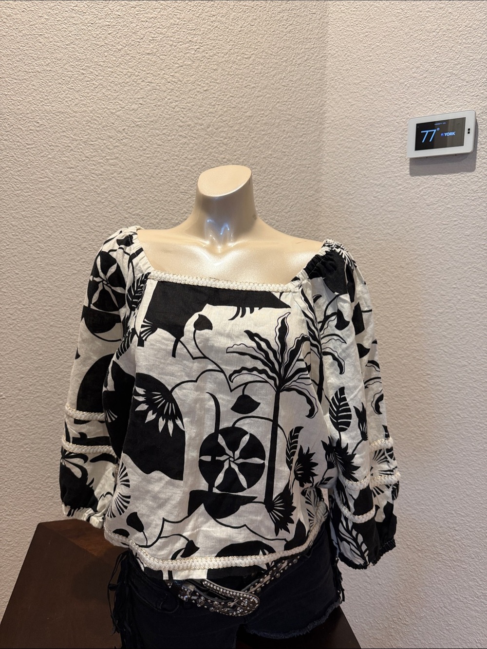 Nicole Miller Black & White Botanical Square-Neck Peasant Blouse